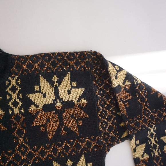 Vintage Rose Black Gold Cotton Knit Retro Eclectic Grandpa Holiday Sweater L - Picture 5 of 10